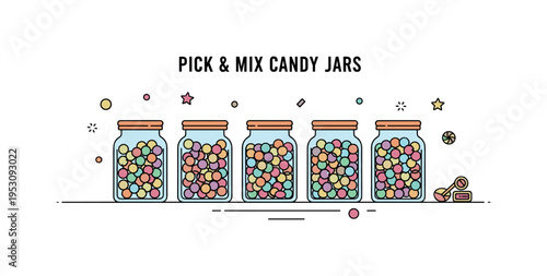 Pick and mix candy jars glass jars filled with colorful round candies arranged neatly on a simple counter line. A concise concept badge about variety, choice,