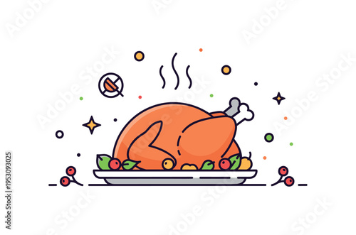 Festive autumn dinner arrangement featuring a roast turkey silhouette on a platter with subtle steam lines and tiny decorative berries around. The composition