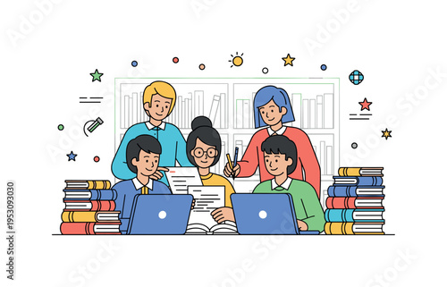 Students collaborating on a research project in a library setting, surrounded by books and laptops, highlighting teamwork, critical thinking, and scholarly