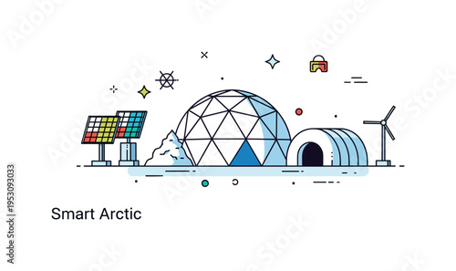 Innovative snow dome construction highlighting geometric precision and compact renewable energy elements nearby. A subtle ?Smart Arctic? caption reinforces