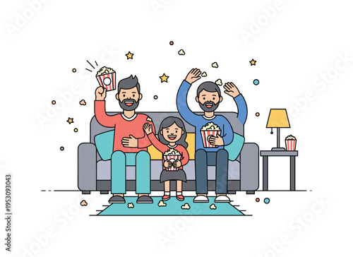 Organizing a family movie marathon with everyone gathered on a cozy living room couch, popcorn bowls scattered around, and animated expressions of excitement