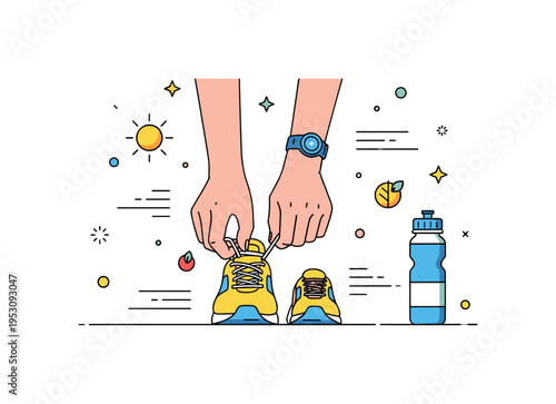 Morning run preparation moment centered on hands fastening bright running shoes with determination and energy. A tiny sun icon, motion lines and a water bottle