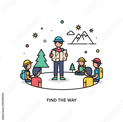 Outdoor tribe leadership moment showing a young figure holding a map while others gather nearby in a simple circular formation. A subtle ?Find the Way? caption