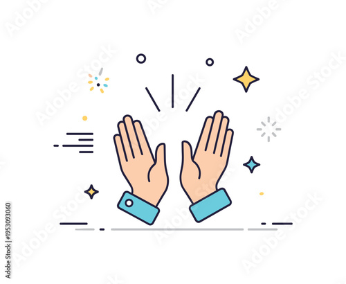 Applause celebration moment illustrated by two raised hands with small motion lines and subtle star accents around, expressing recognition and joyful approval.