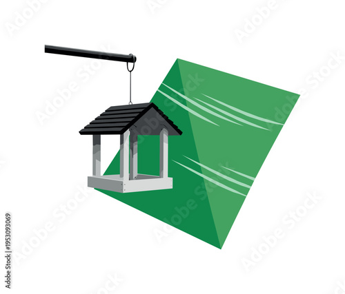 Black and white wooden bird feeder hanging, large green geometric block offset behind symbolizing natural backdrop, subtle diagonal lines implying gentle
