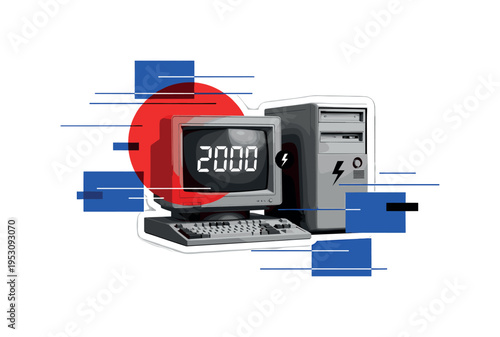 Black and white retro desktop computer with bulky monitor displaying ??, bold red circle glowing behind the screen like digital alarm, abstract blue geometric
