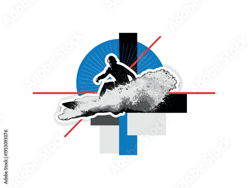 Black and white surfer silhouette partially obscured by sea foam spray, bold blue circle radiating from behind figure, thin diagonal red stripe indicating