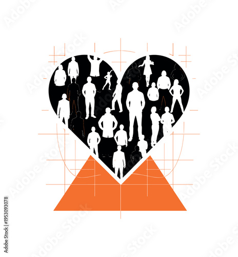 Black and white heart shape formed by diverse human silhouettes, oversized orange triangle beneath suggesting strong foundation, thin grid lines referencing