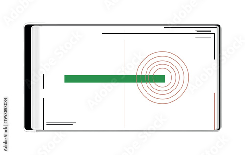 A monochrome notebook page with highlighted line represented by bold rectangular color block, concentric circular halos behind symbolizing resonance, minimal