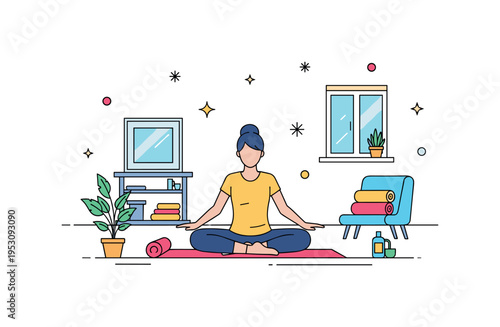 A person practicing yoga indoors with a mat and a calm environment, emphasizing mindfulness, relaxation, and healthy leisure routines. Minimalist flat vector