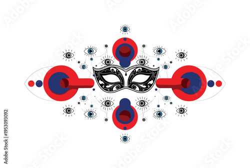 Black and white floating masquerade mask surrounded by abstract eye symbols and thin connecting lines, bold red and deep blue circles intersecting