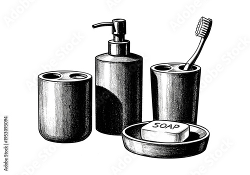 Vintage illustration of bathroom essentials: soap, dispenser, toothbrush holder, and cup