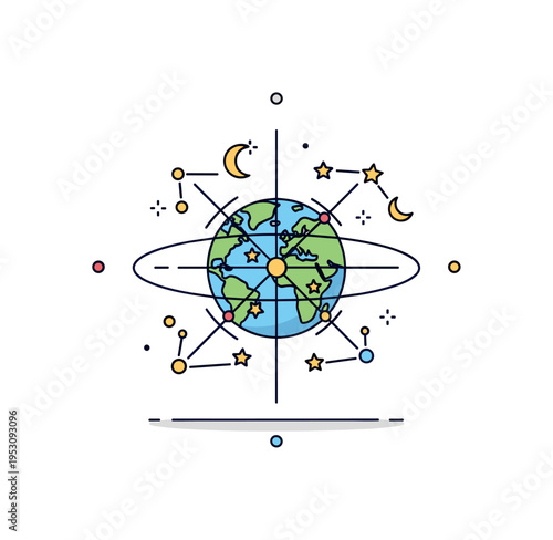 Celestial coordinate system visualized as a small globe with star points and intersecting meridian style arcs marking constellation limits. The scene conveys