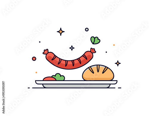 Bratwurst style sausage served on a plate with a simple bun and tiny garnish accent. A balanced layout and gentle decorative dots create a friendly food badge