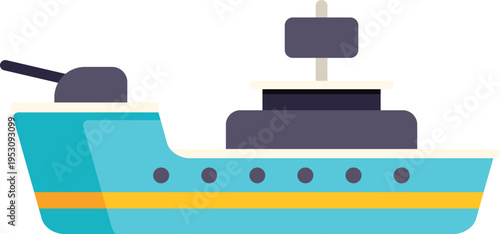 Cartoon warship sailing with a cannon, representing military and defense
