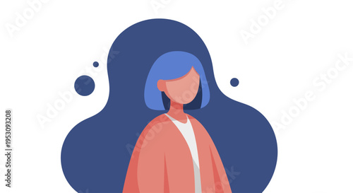 Minimalist illustration of a young woman with blue hair and a coral jacket.