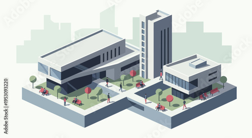 Modern Architectural Buildings with Green Spaces and Trees.