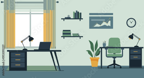 Modern Home Office Interior with Two Desks and Laptop.