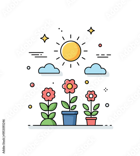 Sunny garden morning bright sun icon above blooming plants and soft cloud accents. A warm micro scene expressing optimism and energy of the new season.