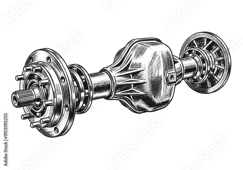 Detailed illustration of a heavy-duty truck rear axle assembly with differential housing