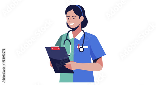 Nurse holding medical chart with stethoscope around neck.