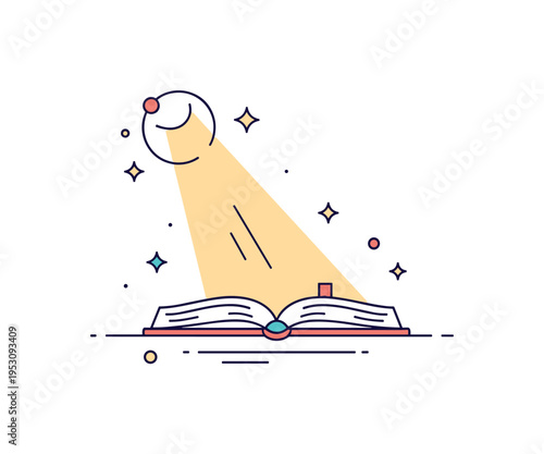 Sacred moment beam of light illuminating an open book resting on a simple surface with tiny sparkle accents. A thoughtful editorial illustration about wisdom,