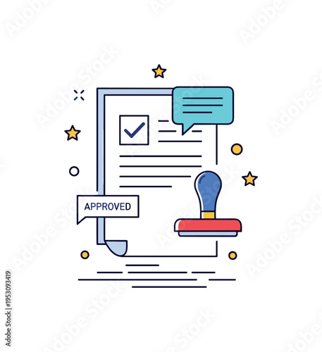 Creative approval workflow scene built around a document with a checkmark stamp and small chat bubble icon, symbolizing feedback and final sign off. A subtle