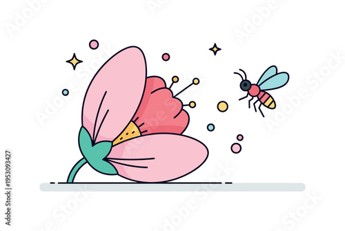A close-up of flower petals with a pollinator hovering nearby, highlighting the role of petals in attracting insects for fertilization. Minimalist flat vector