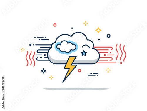 Extreme weather awareness cloud with lightning and heatwave lines emerging from opposite sides, symbolizing climate volatility. A bold visual metaphor for