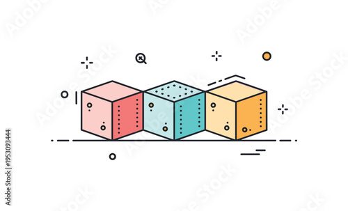 Minimal toy block pattern concept centered on three aligned cubes with subtle decorative dots, symbolizing order and playful simplicity. The compact editorial