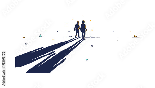 Silhouettes in evening light two small figures walking along a path with elongated shadows stretching toward the viewer. A warm concept illustration about