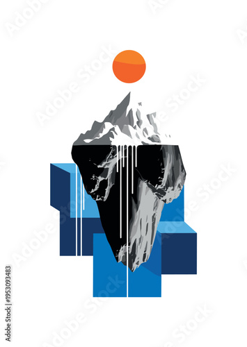 Black and white iceberg fragment layered over geometric blue blocks, bright orange circle above suggesting intense sun, thin vertical lines like melting drips,