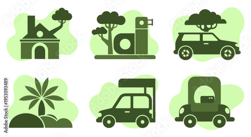 Set of six green nature and transportation themed icons.