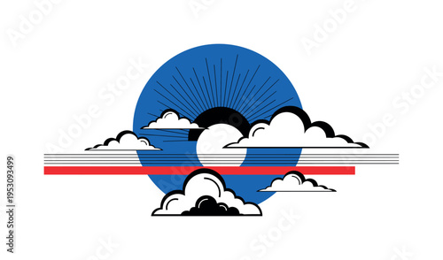 Black and white abstract sun partially hidden by clouds, bold cobalt blue circle framing the upper sky, red geometric bar slicing horizontally as stylized