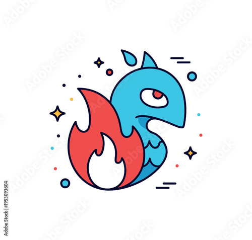 Elemental shapeshifter fire and water shapes merging into a single abstract creature silhouette. A bold concept badge about adaptability and mystical power.