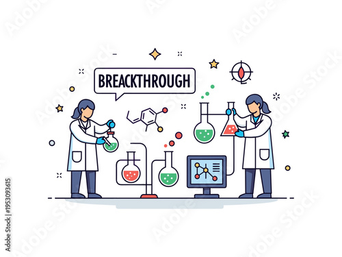 Breakthrough in vaccine development with lab technicians mixing solutions and monitoring chemical reactions, symbolizing innovation, dedication, and hope.