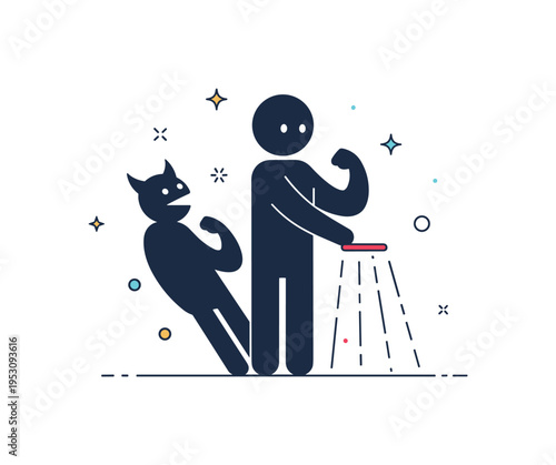 Shadow morphing figure simplified character casting a shadow shaped like a different creature. A compact visual metaphor for hidden strength and alternative