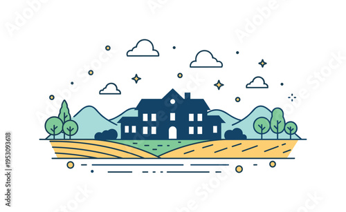 Country estate landscape illustrated by a large home silhouette set against gentle rolling hills and minimal tree shapes, expressing spacious land and rural