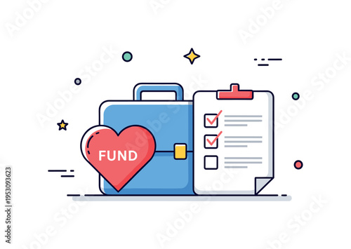 Corporate social responsibility donation planning featuring a briefcase icon beside a heart labeled fund and a small checklist, symbolizing structured company