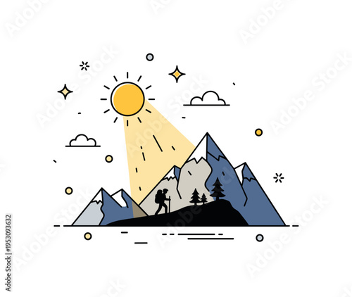 Sunlight illuminating a mountain landscape with a small hiker silhouetted, capturing adventure, energy, and the motivating presence of natural light.