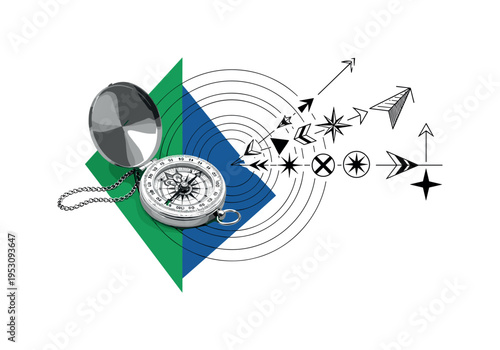 Black and white brass compass partially open with chain visible, concentric circles expanding into abstract navigation symbols, emerald green and deep blue