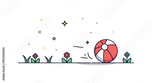 Ball rolling across a grassy field with small flowers and subtle shadows, illustrating outdoor play, fun, and carefree activity. Minimalist flat vector
