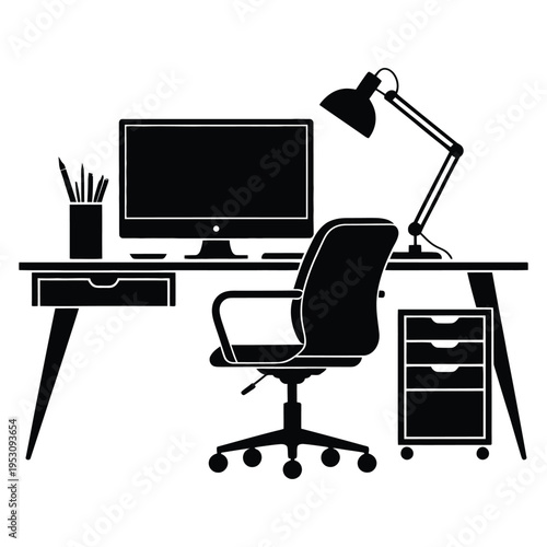 Vector illustration of an empty office desk with computer monitor laptop keyboard and mouse in a modern workspace
