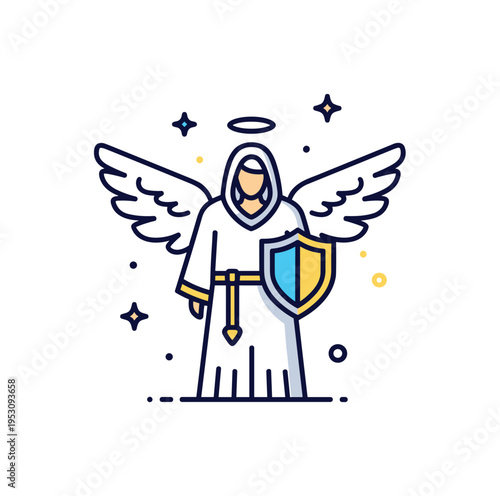 Guardian angel costume design featuring a robe silhouette with extended protective wings and a subtle shield icon integrated into the scene, expressing safety