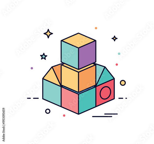 Building block icon with simple geometric shapes stacked to form a compact cube, representing structure, foundation, and design simplicity. Minimalist flat