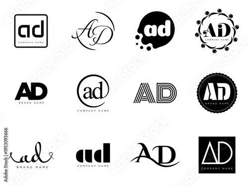 AD logo company template. Letter a and d logotype. Set different classic serif lettering and modern bold text with design elements. Initial font typography.
