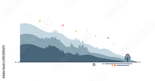 Morning valley mist concept showing layered hill silhouettes fading softly into one another with a small tree accent, expressing depth and gentle awakening.