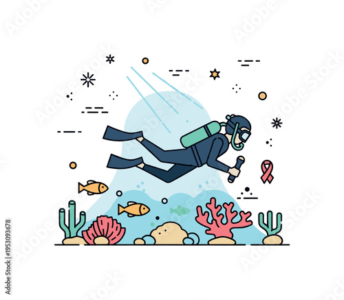 Underwater exploration diver silhouette swimming near coral and fish with subtle light rays from above, symbolizing discovery and appreciation of marine