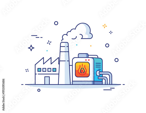Industrial thermal monitoring factory outline with a single machine highlighted in bright gradient tones, indicating overheating detection and preventive