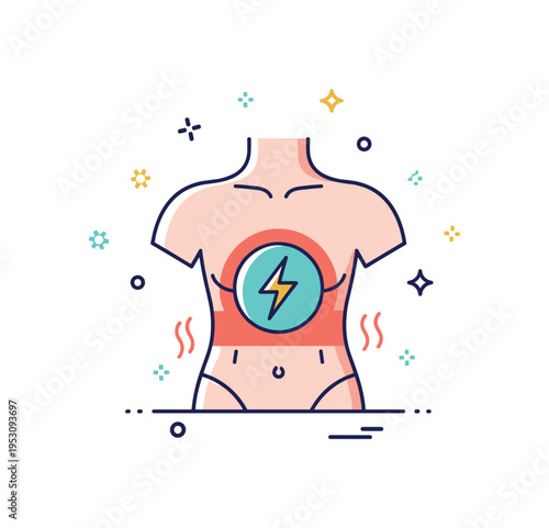 Metabolic heat production illustrated by a simplified torso with subtle lightning bolt icon inside, representing energy conversion and warmth generation during